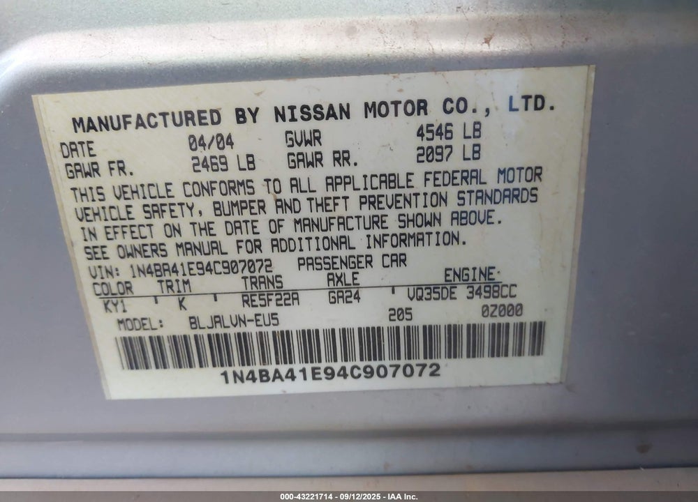 2004 NISSAN MAXIMA 3.5 SL VIN: 1N4BA41E94C907072