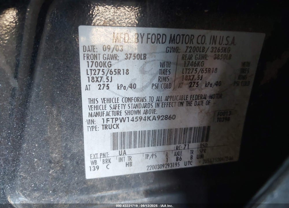2004 FORD F-150 VIN: 1FTPW14594KA92860