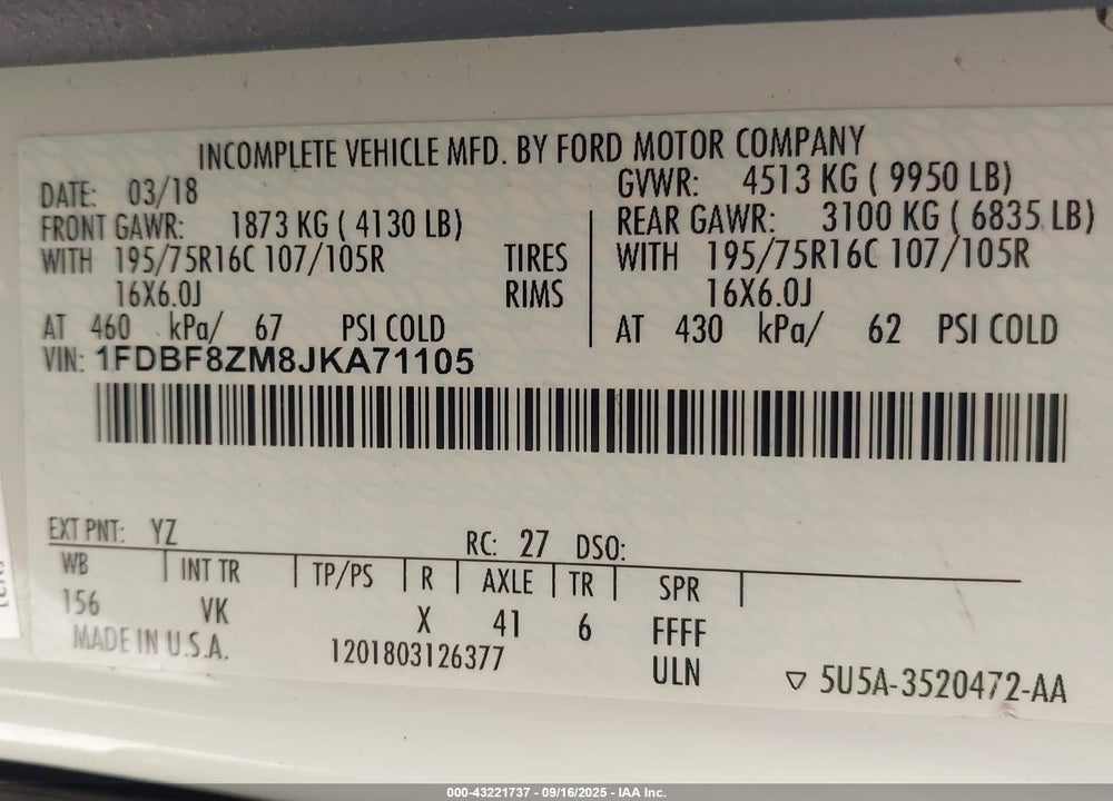 2018 FORD TRANSIT-350 CAB VIN: 1FDBF8ZM8JKA71105