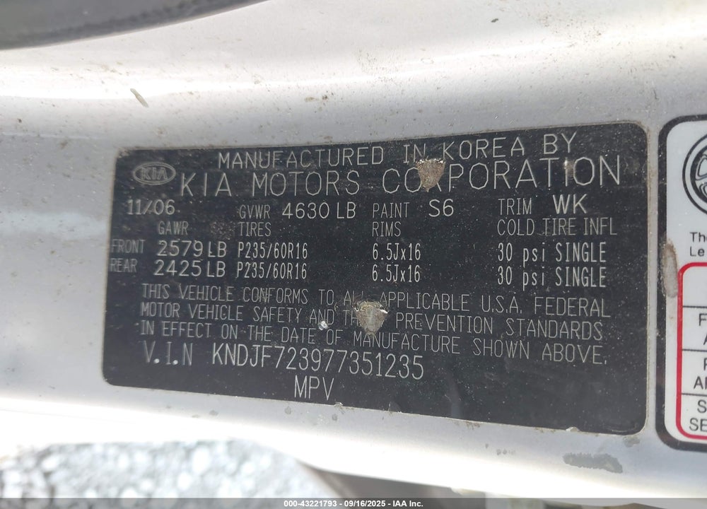 2007 KIA SPORTAGE LX V6 VIN: KNDJF723977351235