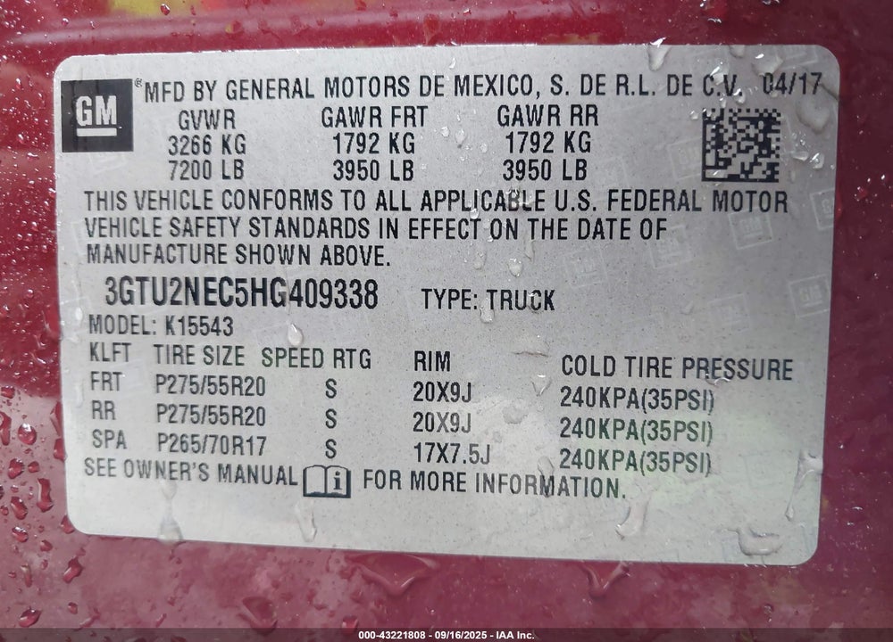 2017 GMC SIERRA 1500 SLT VIN: 3GTU2NEC5HG409338