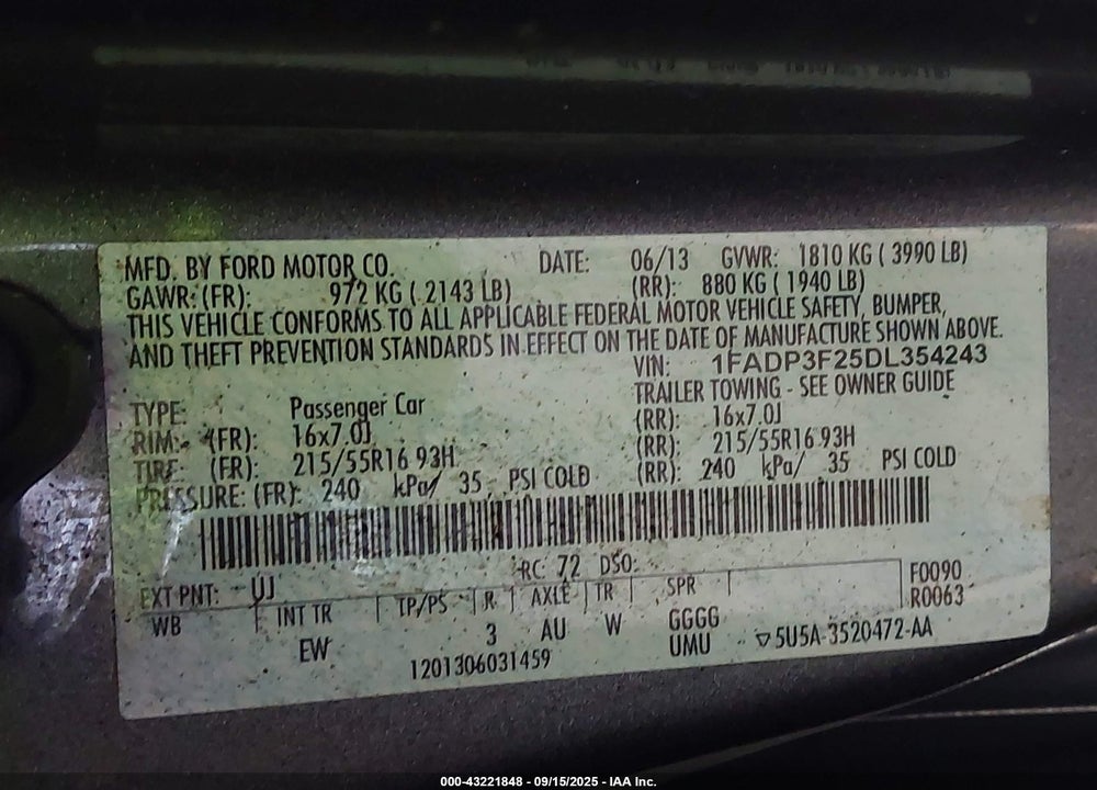 2013 FORD FOCUS VIN: 1FADP3F25DL354243
