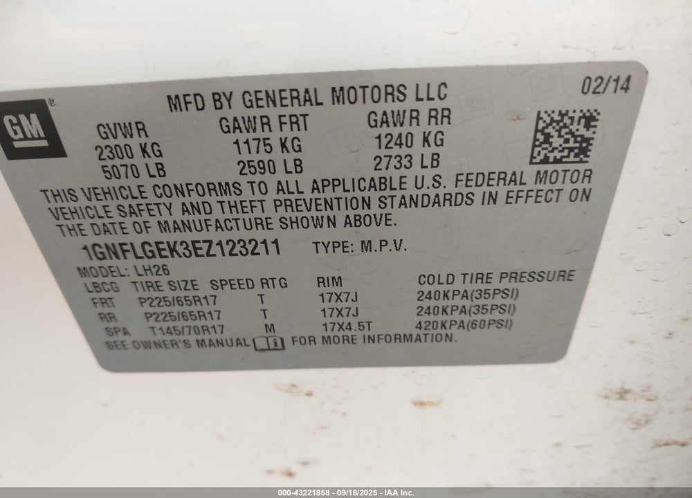 2014 CHEVROLET EQUINOX VIN: 1GNFLGEK3EZ123211