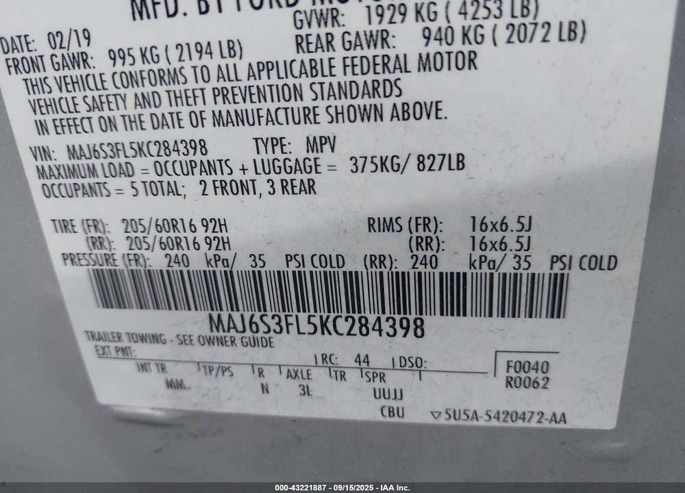 2019 FORD ECOSPORT S VIN: MAJ6S3FL5KC284398