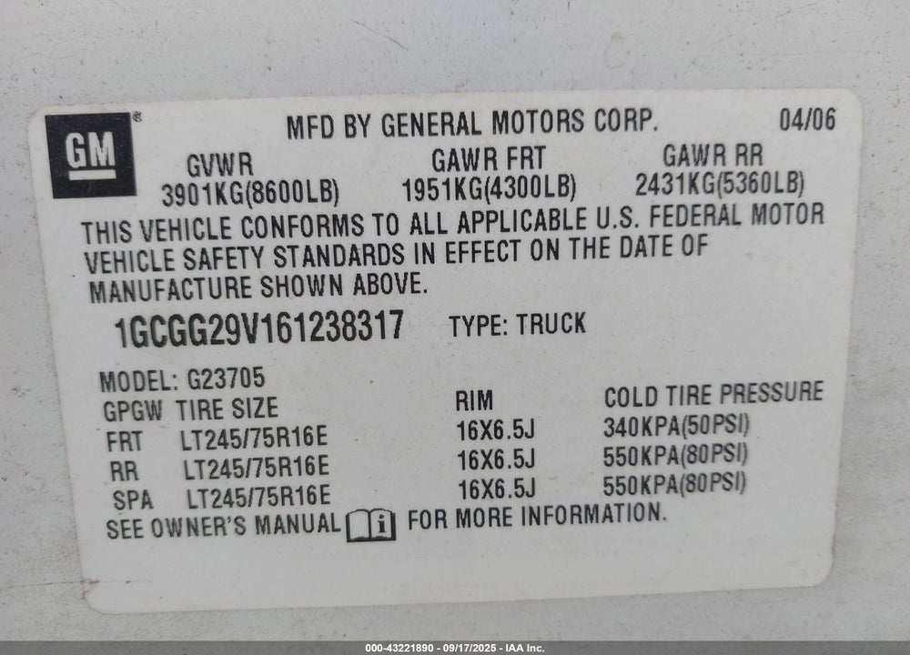 2006 CHEVROLET EXPRESS 2500 VIN: 1GCGG29V161238317