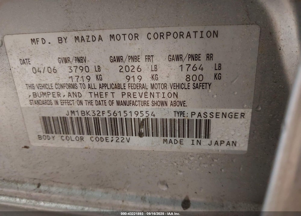 2006 MAZDA 3 I VIN: JM1BK32F561519554