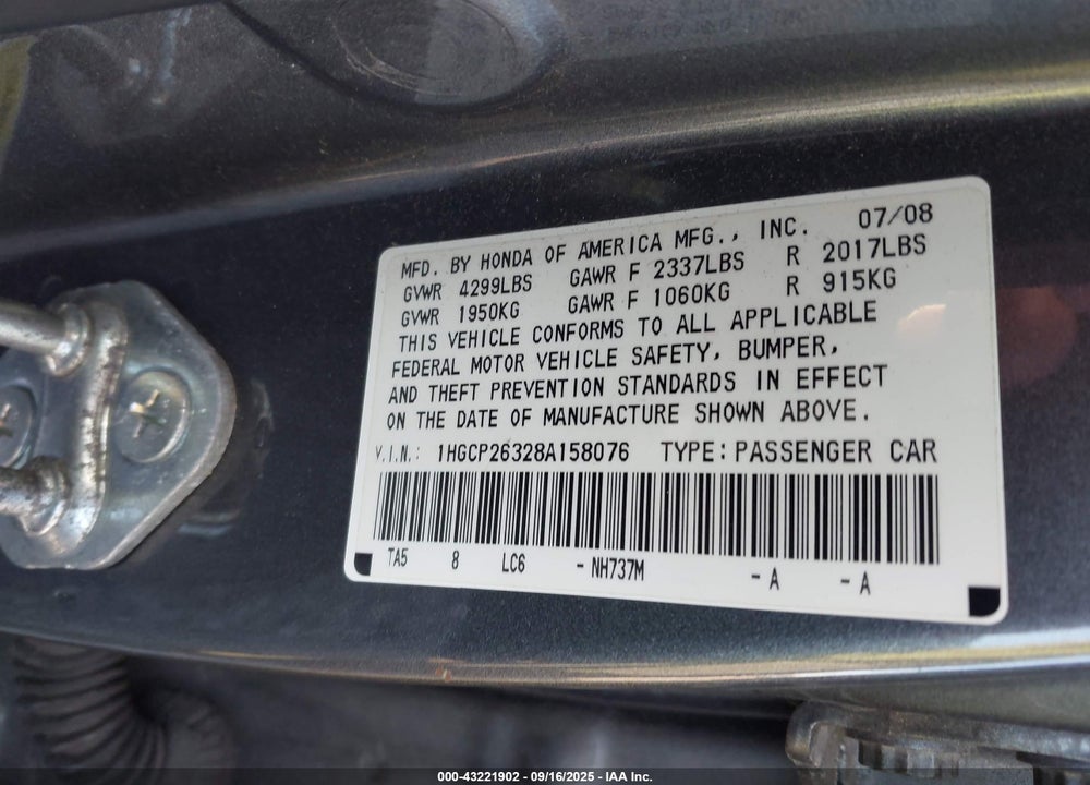 2008 HONDA ACCORD 2.4 LX VIN: 1HGCP26328A158076