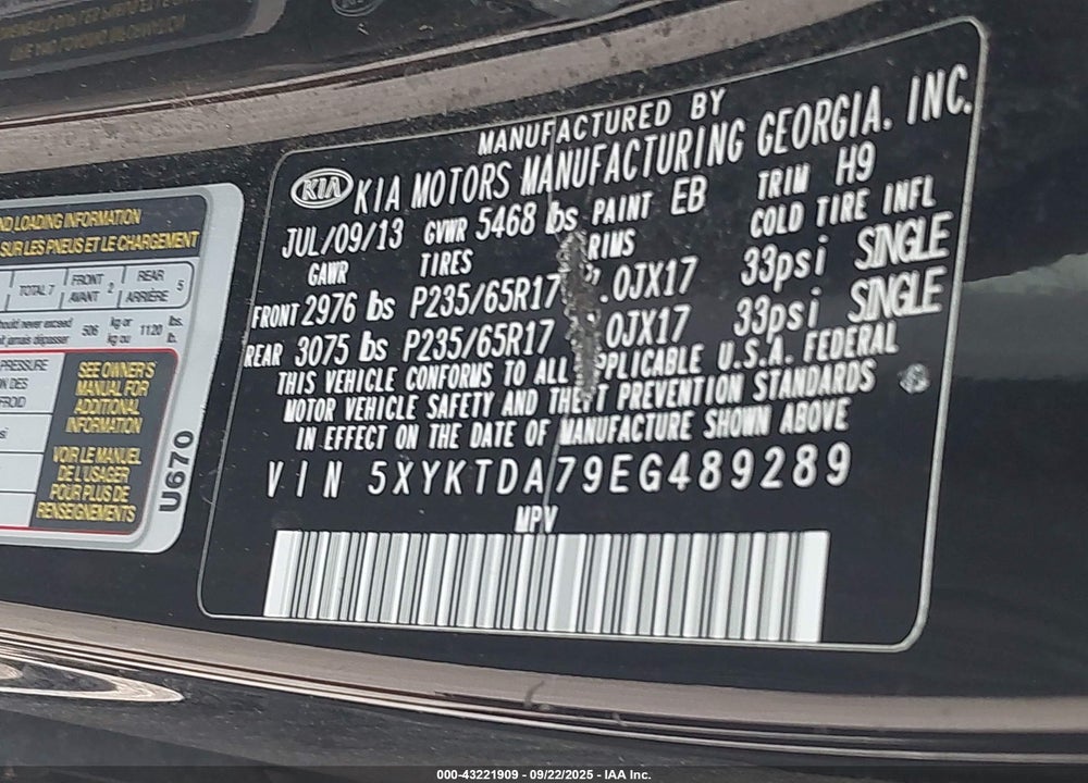 2014 KIA SORENTO VIN: 5XYKTDA79EG489289