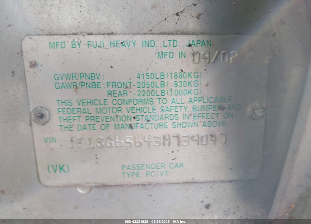 2003 SUBARU FORESTER XS VIN: JF1SG65643H739047