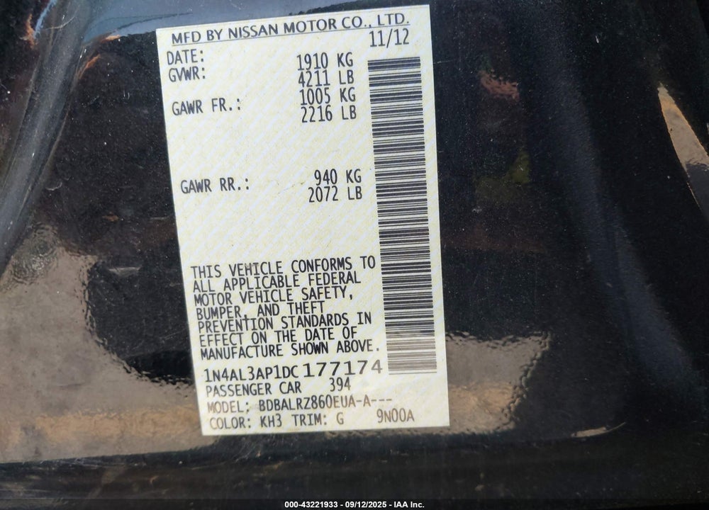 2013 NISSAN ALTIMA 2.5 S VIN: 1N4AL3AP1DC177174