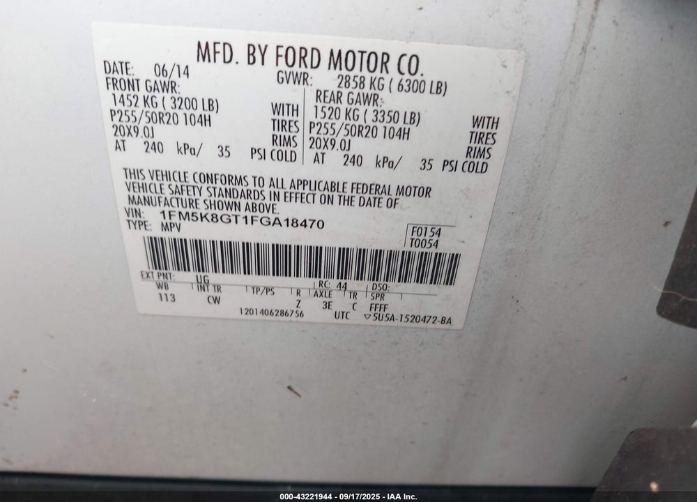 2015 FORD EXPLORER VIN: 1FM5K8GT1FGA18470