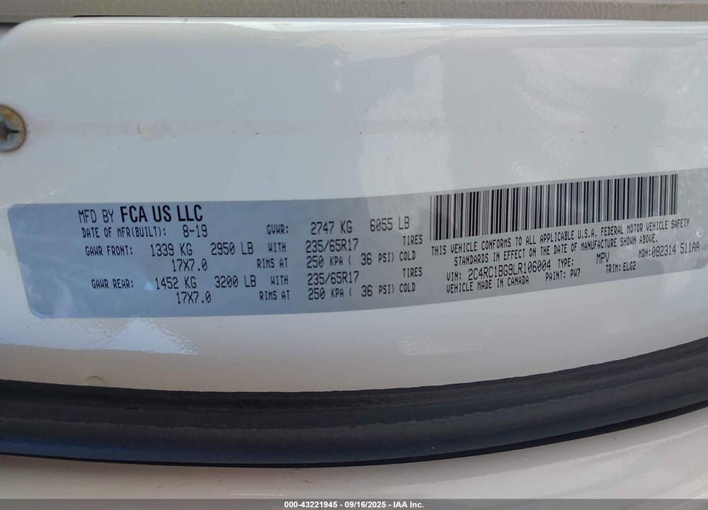 2020 CHRYSLER PACIFICA TOURING L VIN: 2C4RC1BG9LR106004
