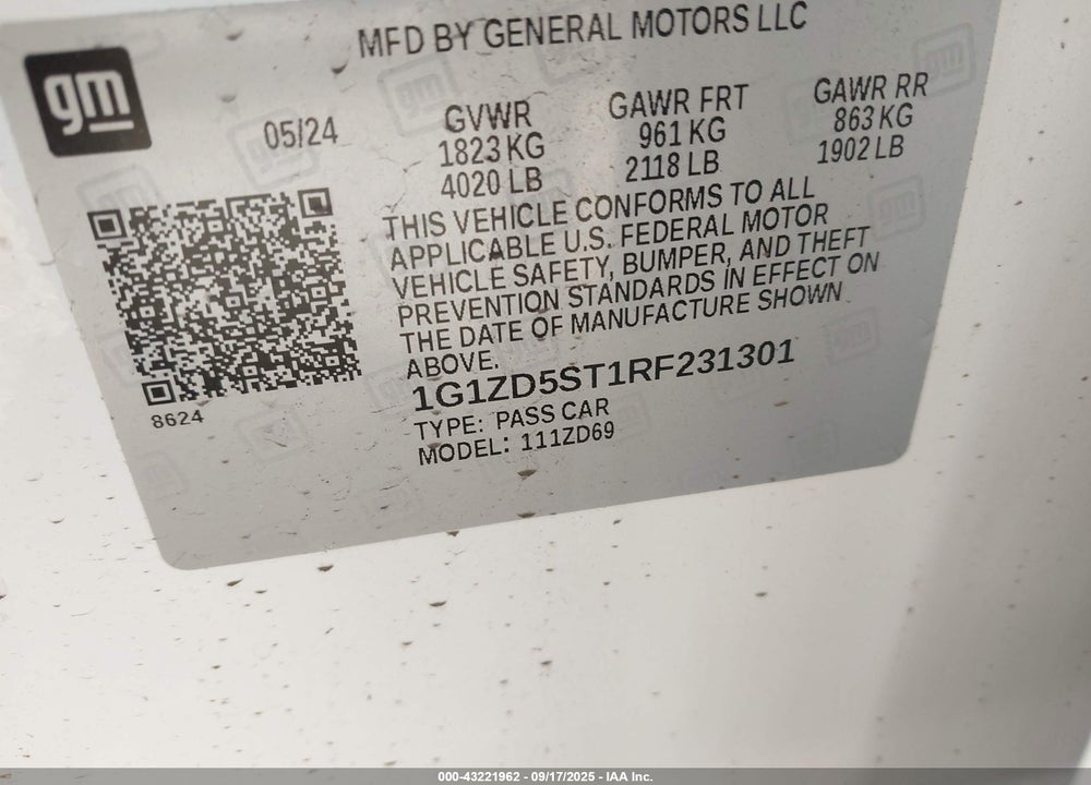2024 CHEVROLET MALIBU VIN: 1G1ZD5ST1RF231301