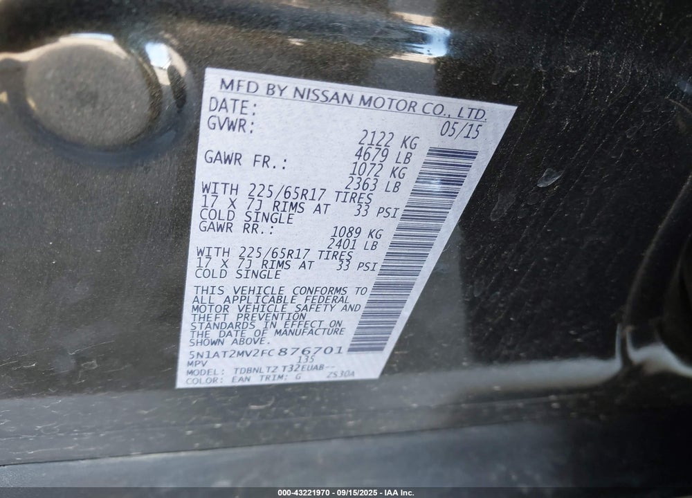 2015 NISSAN ROGUE VIN: 5N1AT2MV2FC876701
