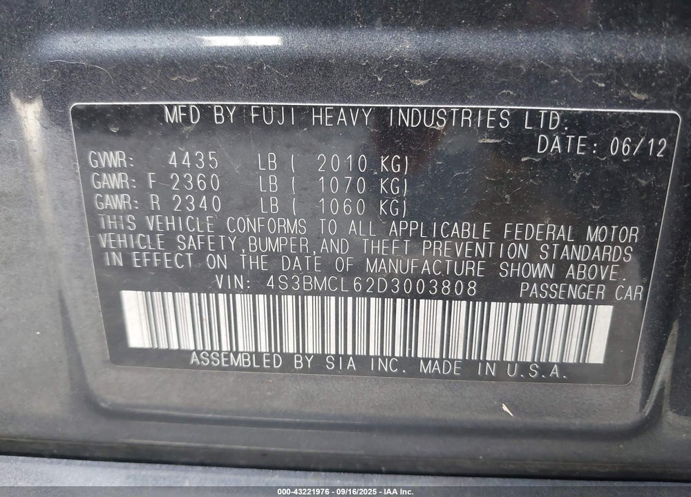 2013 SUBARU LEGACY VIN: 4S3BMCL62D3003808