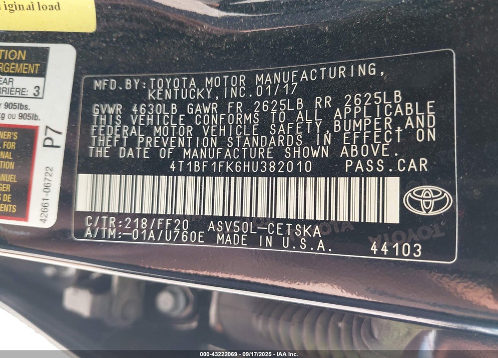 2017 TOYOTA CAMRY SE VIN: 4T1BF1FK6HU382010