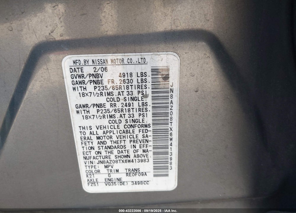2006 NISSAN MURANO SL VIN: JN8AZ08TX6W413983