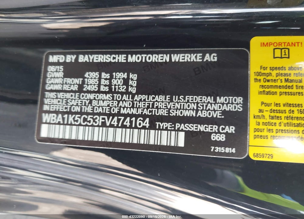 2015 BMW 2 SERIES VIN: WBA1K5C53FV474164