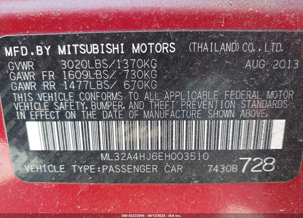 2014 MITSUBISHI MIRAGE VIN: ML32A4HJ6EH003510
