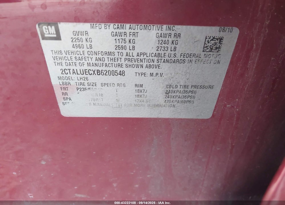 2011 GMC TERRAIN SLT-1 VIN: 2CTALUECXB6200548