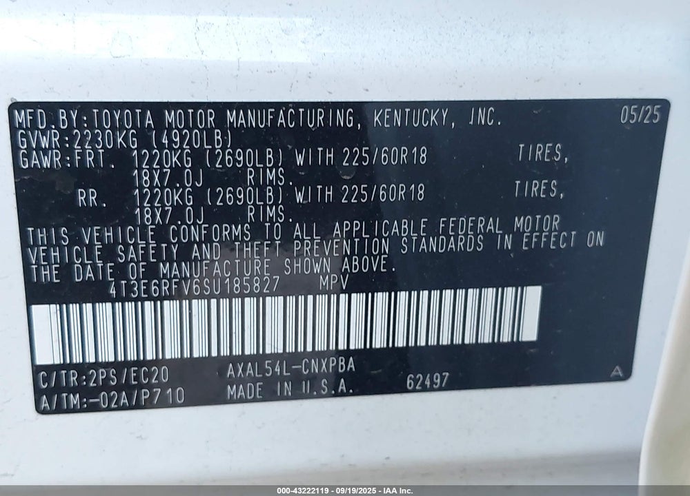 2025 TOYOTA RAV4 HYBRID VIN: 4T3E6RFV6SU185827