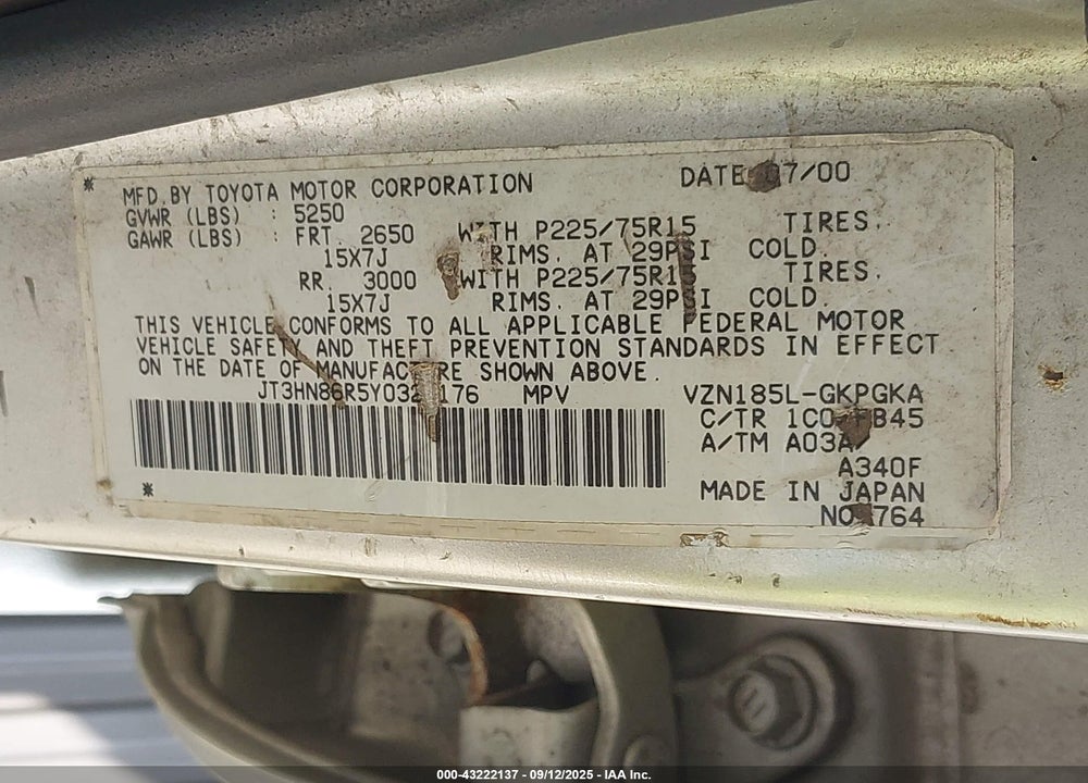 2000 TOYOTA 4RUNNER SR5 V6 VIN: JT3HN86R5Y0323176