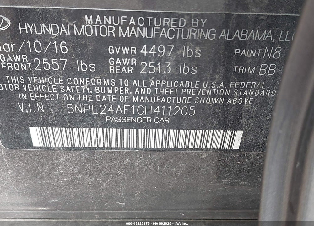 2016 HYUNDAI SONATA VIN: 5NPE24AF1GH411205