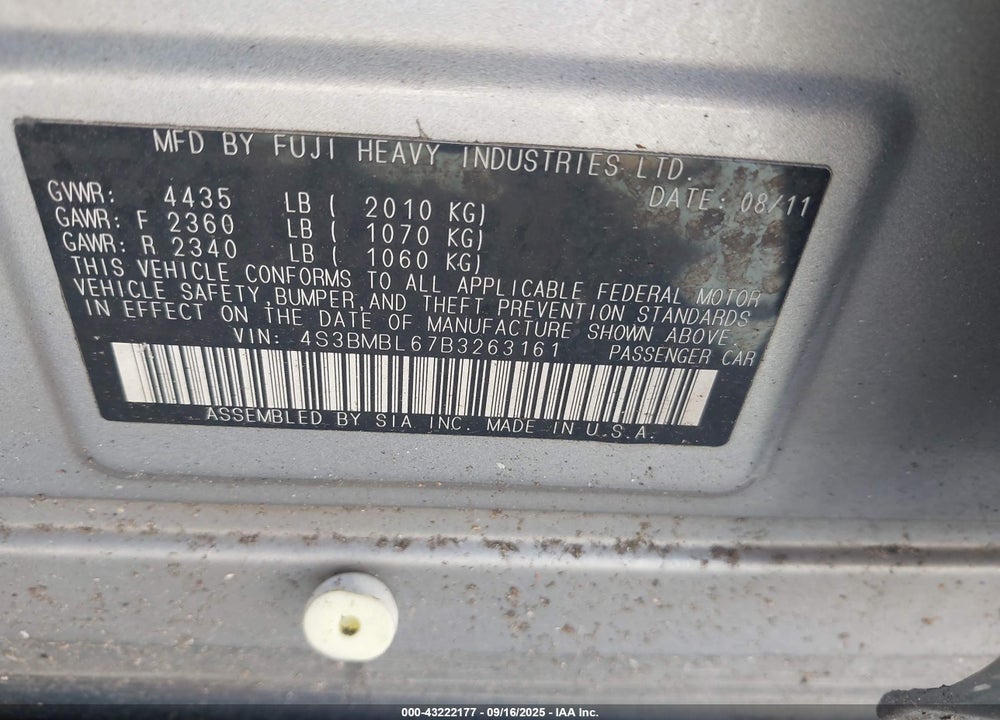 2011 SUBARU LEGACY VIN: 4S3BMBL67B3263161