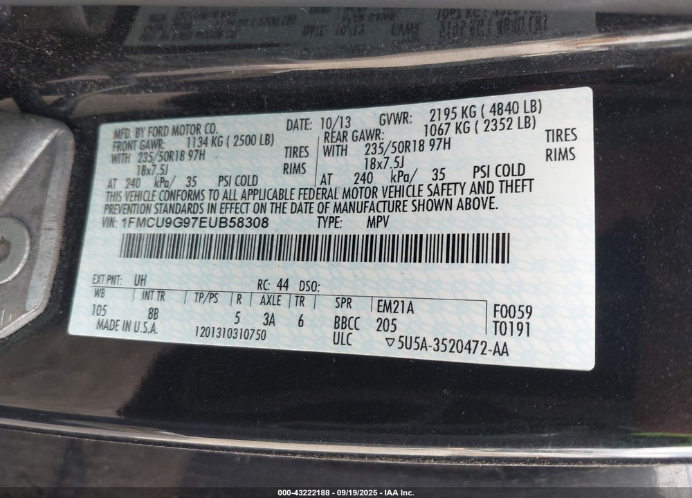 2014 FORD ESCAPE VIN: 1FMCU9G97EUB58308