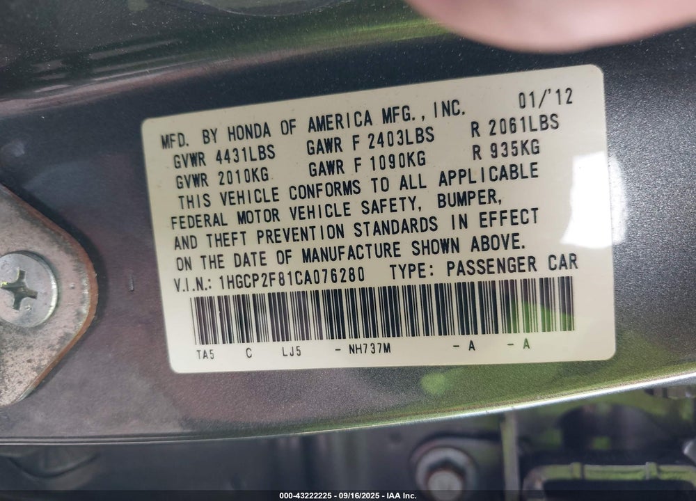 2012 HONDA ACCORD VIN: 1HGCP2F81CA076280