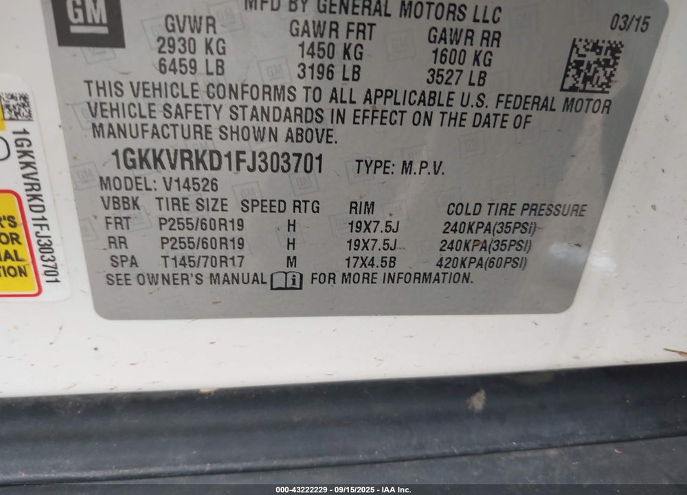 2015 GMC ACADIA VIN: 1GKKVRKD1FJ303701