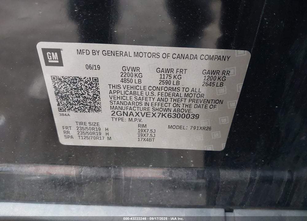 2019 CHEVROLET EQUINOX LT VIN: 2GNAXVEX7K6300039