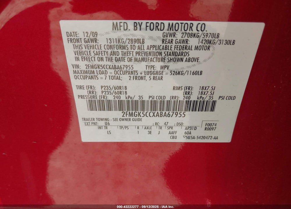2010 FORD FLEX SEL VIN: 2FMGK5CCXABA67955