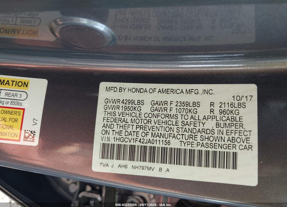 2018 HONDA ACCORD EX VIN: 1HGCV1F42JA011156