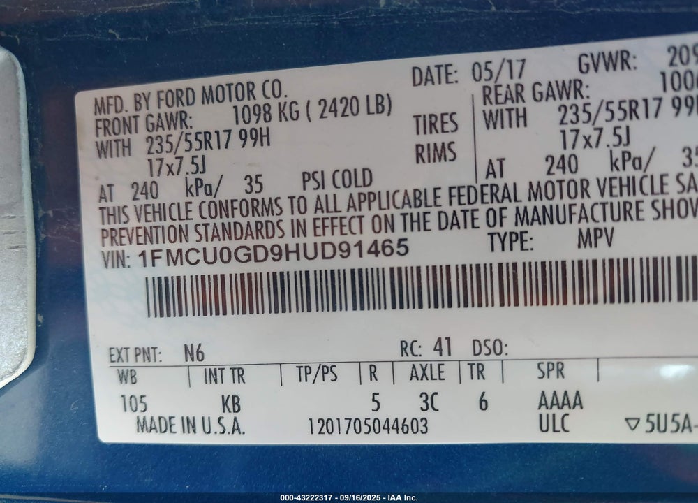 2017 FORD ESCAPE VIN: 1FMCU0GD9HUD91465