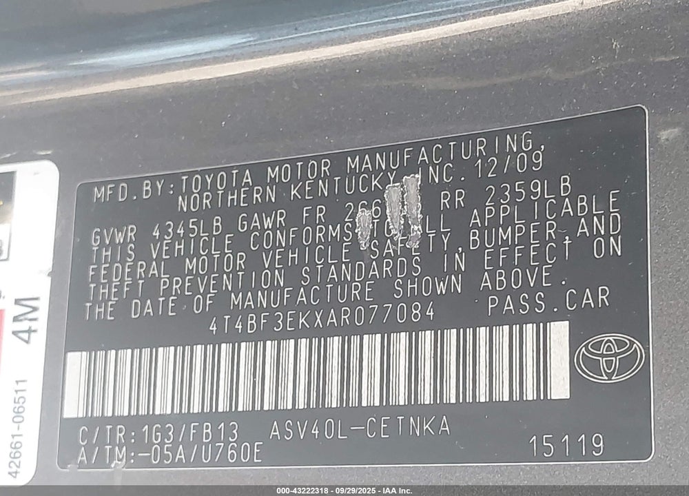 2010 TOYOTA CAMRY VIN: 4T4BF3EKXAR077084