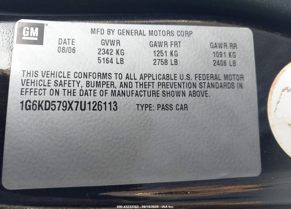 2007 CADILLAC DTS PERFORMANCE VIN: 1G6KD579X7U126113