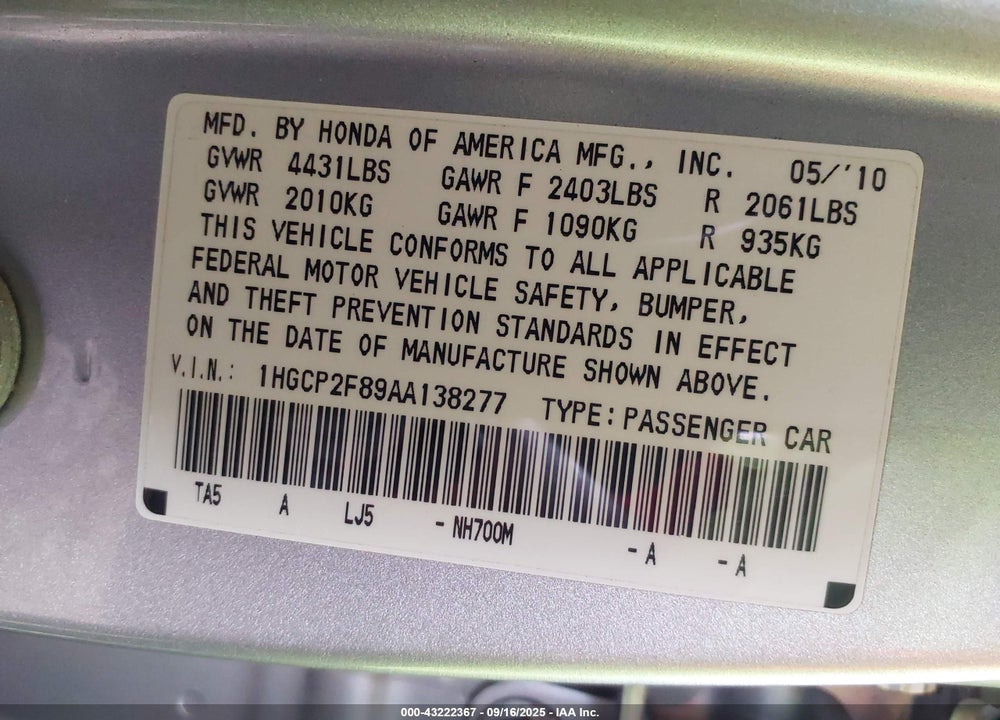 2010 HONDA ACCORD 2.4 EX-L VIN: 1HGCP2F89AA138277
