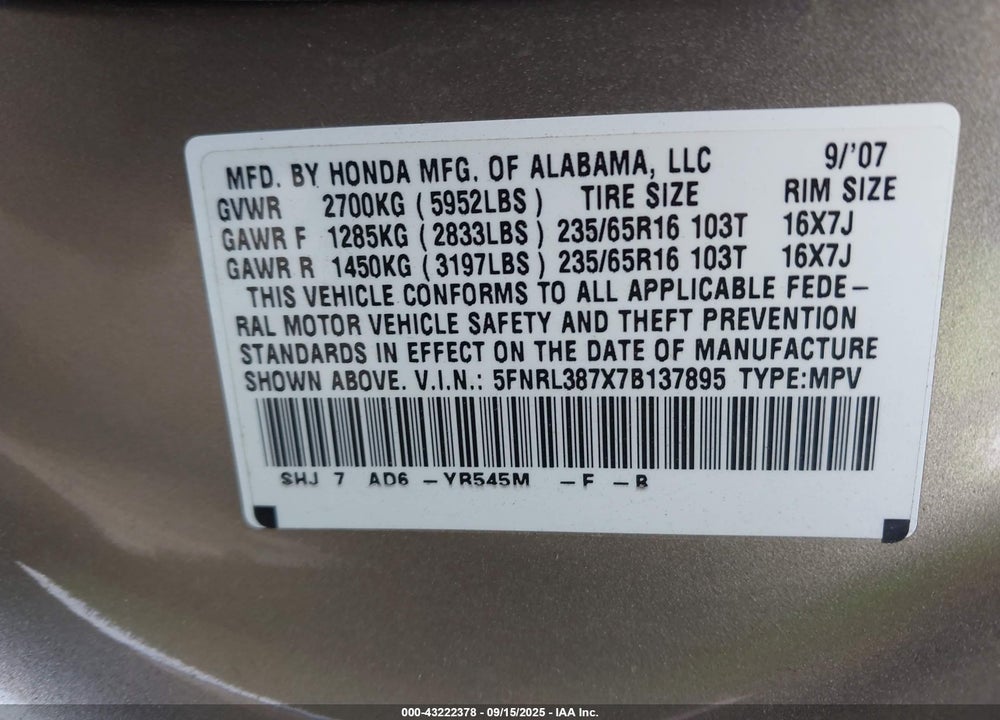 2007 HONDA ODYSSEY EX-L VIN: 5FNRL387X7B137895