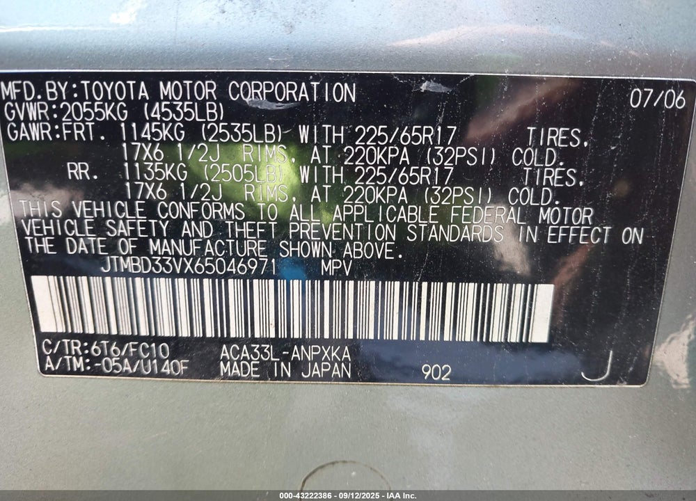 2006 TOYOTA RAV4 VIN: JTMBD33VX65046971