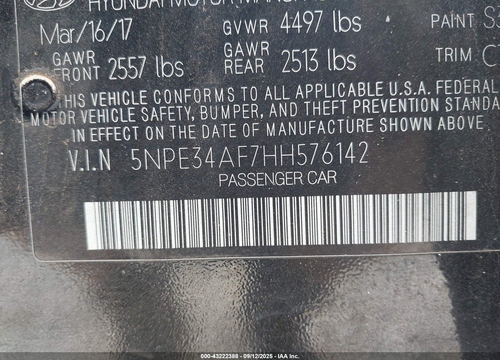2017 HYUNDAI SONATA VIN: 5NPE34AF7HH576142