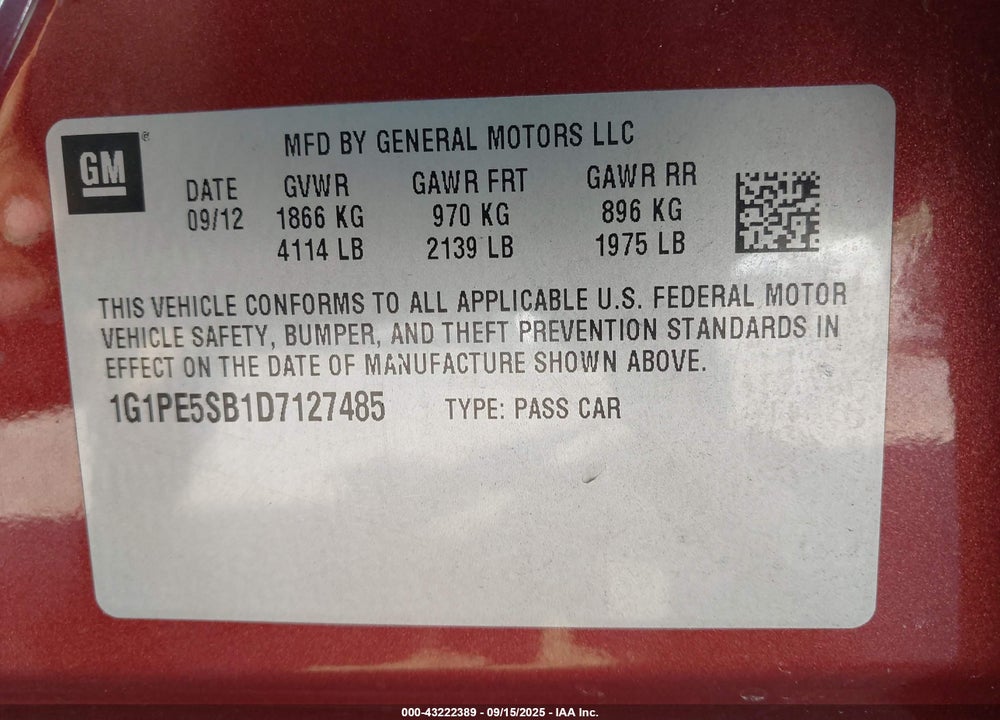 2013 CHEVROLET CRUZE VIN: 1G1PE5SB1D7127485