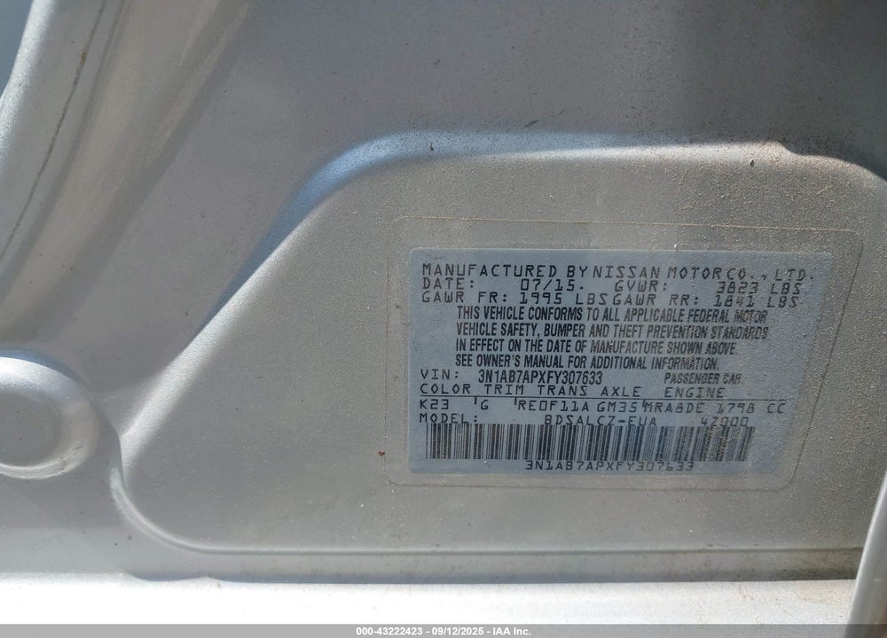 2015 NISSAN SENTRA VIN: 3N1AB7APXFY307633