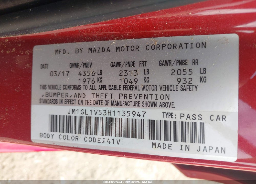 2017 MAZDA 6 VIN: JM1GL1V53H1135947