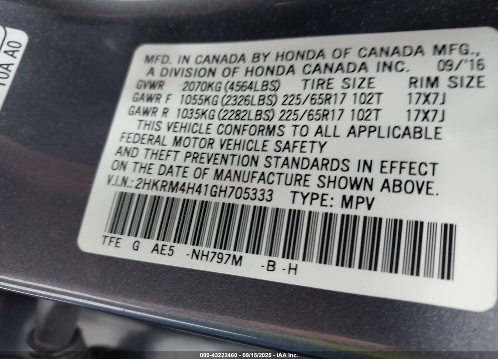 2016 HONDA CR-V VIN: 2HKRM4H41GH705333