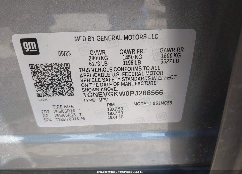 2023 CHEVROLET TRAVERSE AWD LT CLOTH VIN: 1GNEVGKW0PJ266566