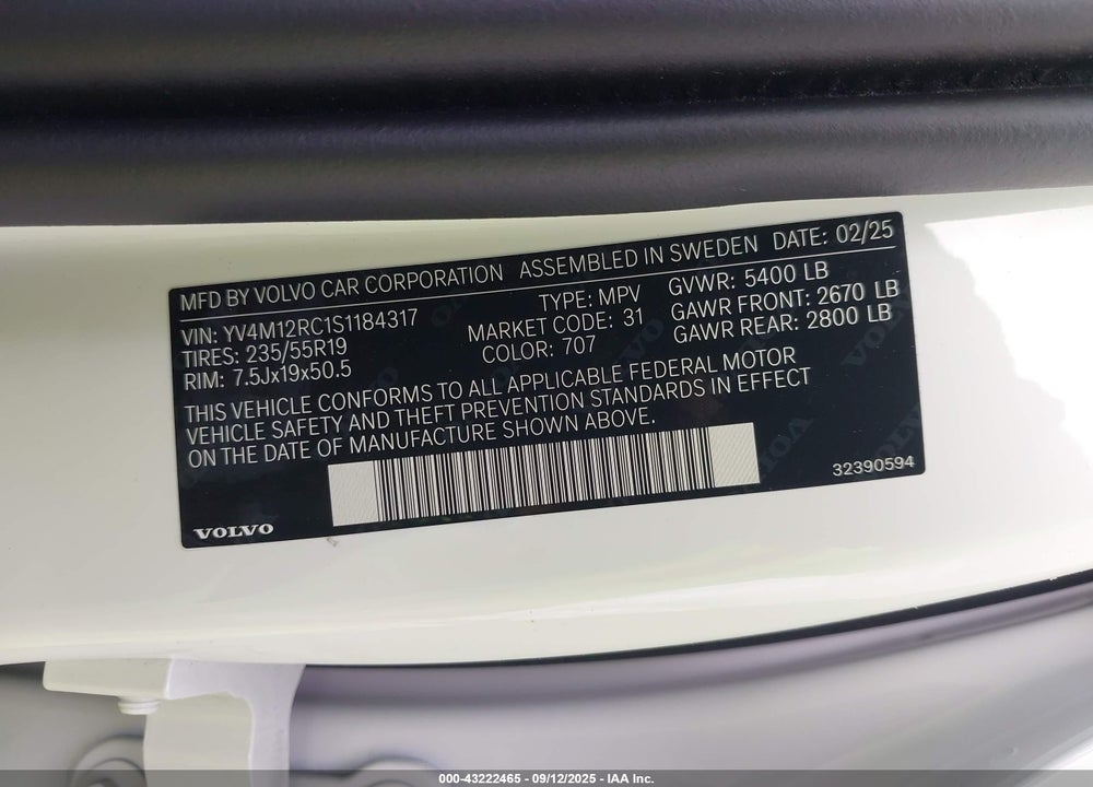 2025 VOLVO XC60 VIN: YV4M12RC1S1184317