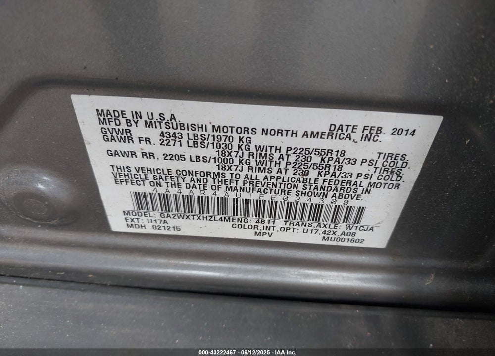 2014 MITSUBISHI OUTLANDER SPORT VIN: 4A4AR4AU1EE024300