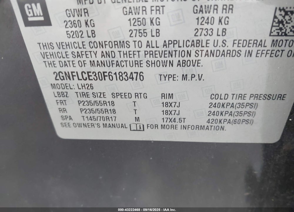 2015 CHEVROLET EQUINOX 2LT VIN: 2GNFLCE30F6183476