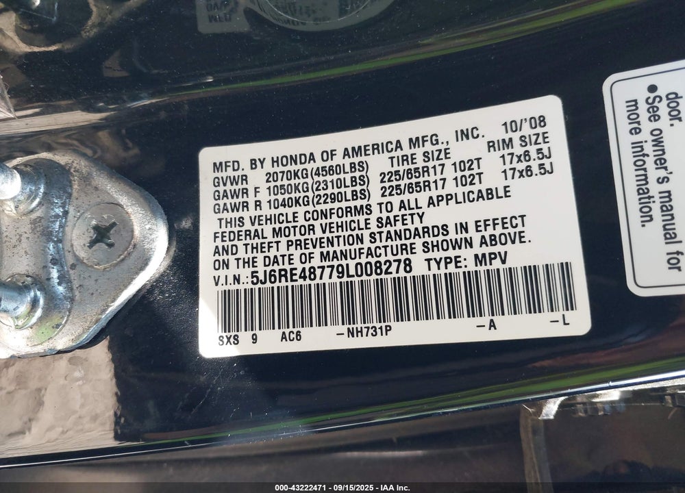 2009 HONDA CR-V VIN: 5J6RE48779L008278